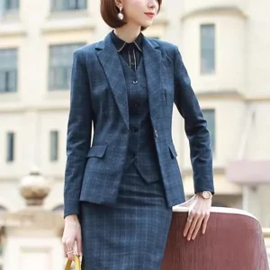 Formal Plaid Design Jacket Vest Office Mini Skirt 3 Piece Suit
