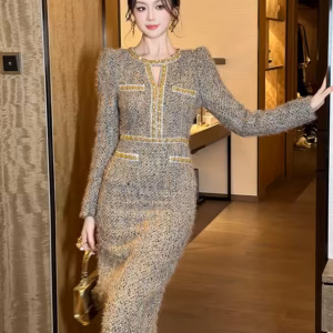 Formal Vintage Tweed Hollow O-Neck Slim Midi Pencil Dress