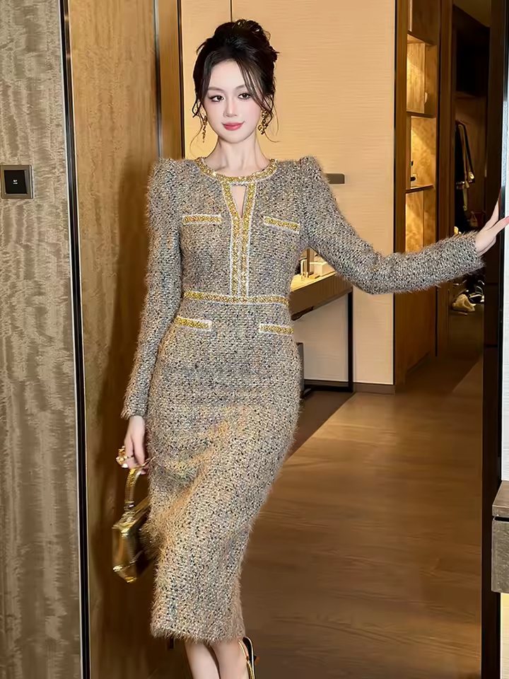 Formal Vintage Tweed Hollow O-Neck Slim Midi Pencil Dress