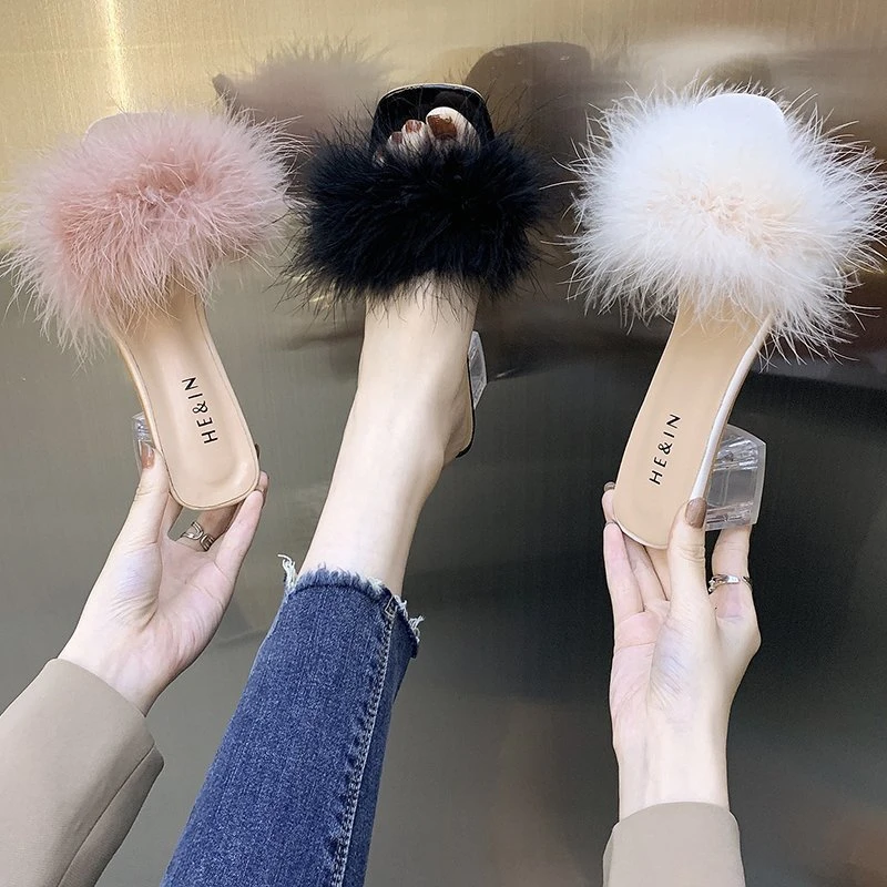 Fox Fur Open Toe With Flip Flops Banquet Square Toe High Heels Pumps Sandal - Image 9
