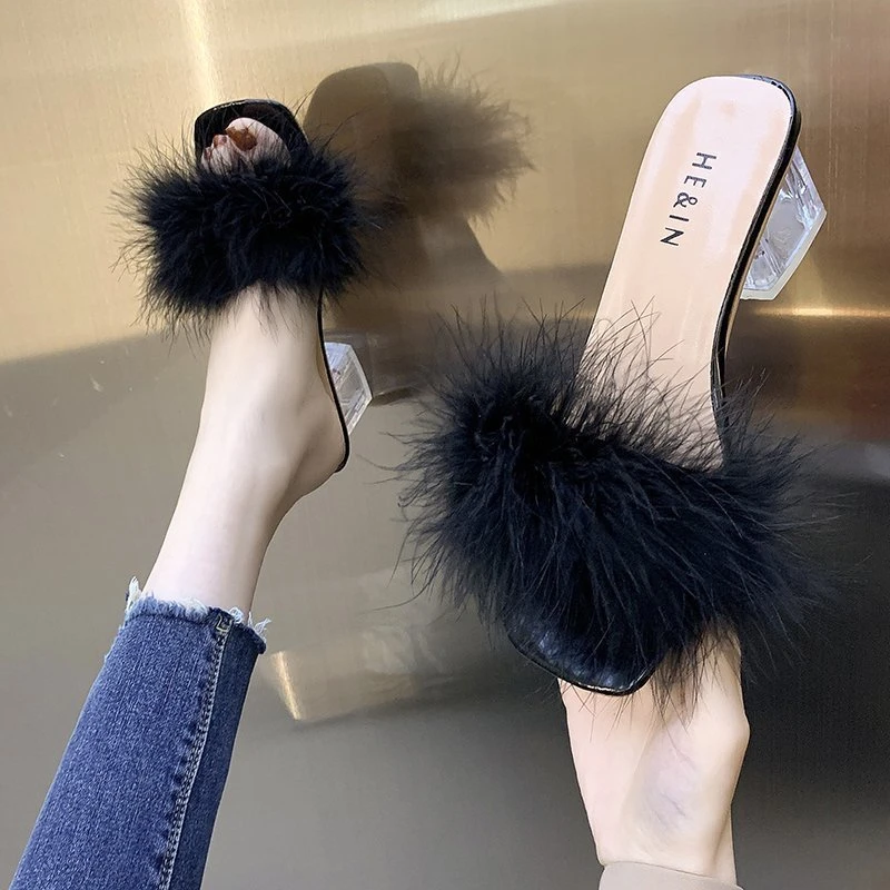 Fox Fur Open Toe With Flip Flops Banquet Square Toe High Heels Pumps Sandal - Image 4