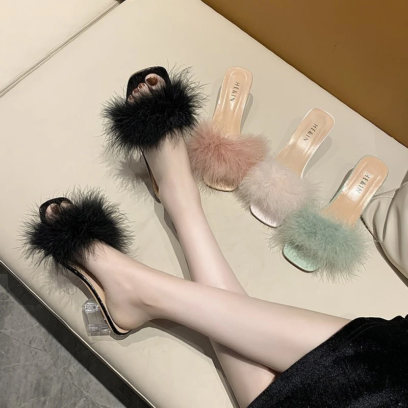 Fox Fur Open Toe With Flip Flops Banquet Square Toe High Heels Pumps Sandal - Image 7