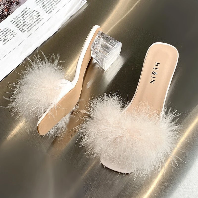 Fox Fur Open Toe With Flip Flops Banquet Square Toe High Heels Pumps Sandal - Image 5