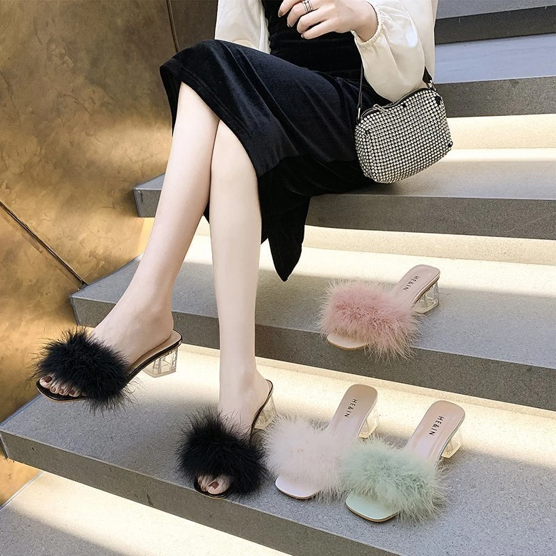 Fox Fur Open Toe With Flip Flops Banquet Square Toe High Heels Pumps Sandal - Image 8