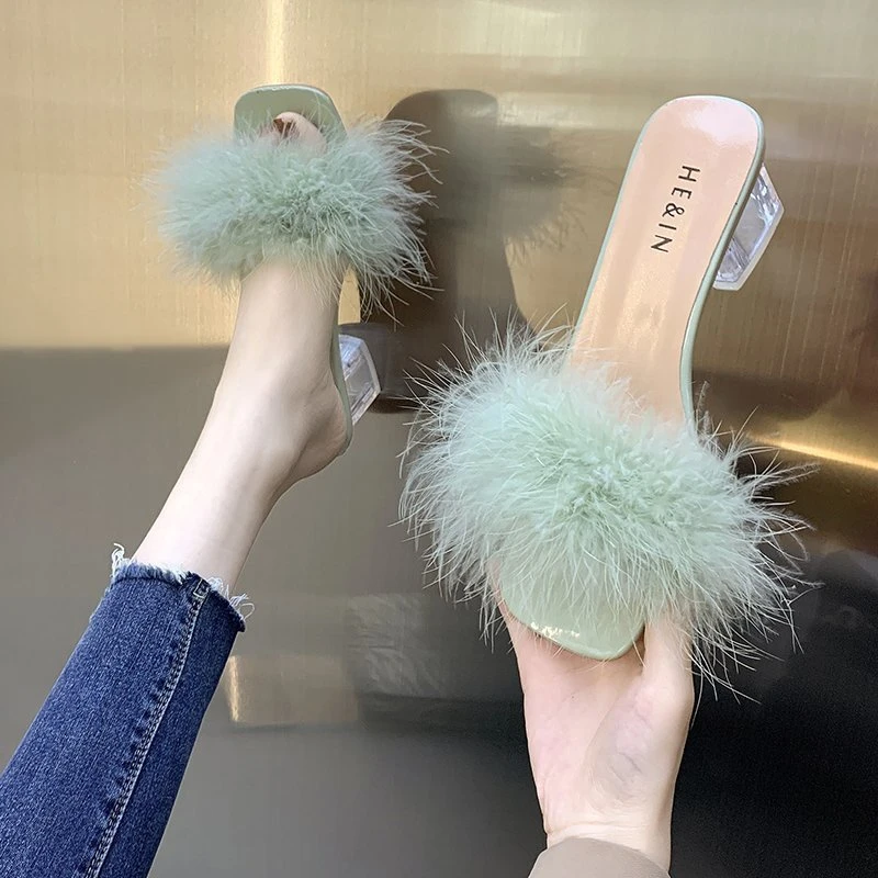 Fox Fur Open Toe With Flip Flops Banquet Square Toe High Heels Pumps Sandal - Image 2