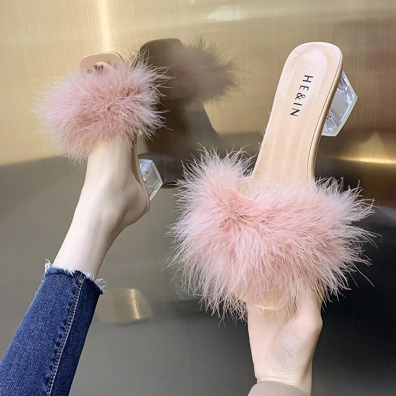 Fox Fur Open Toe With Flip Flops Banquet Square Toe High Heels Pumps Sandal - Image 6
