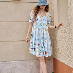 Fruit Print Square Collar Checkered Bubble Sleeve Chic Dress