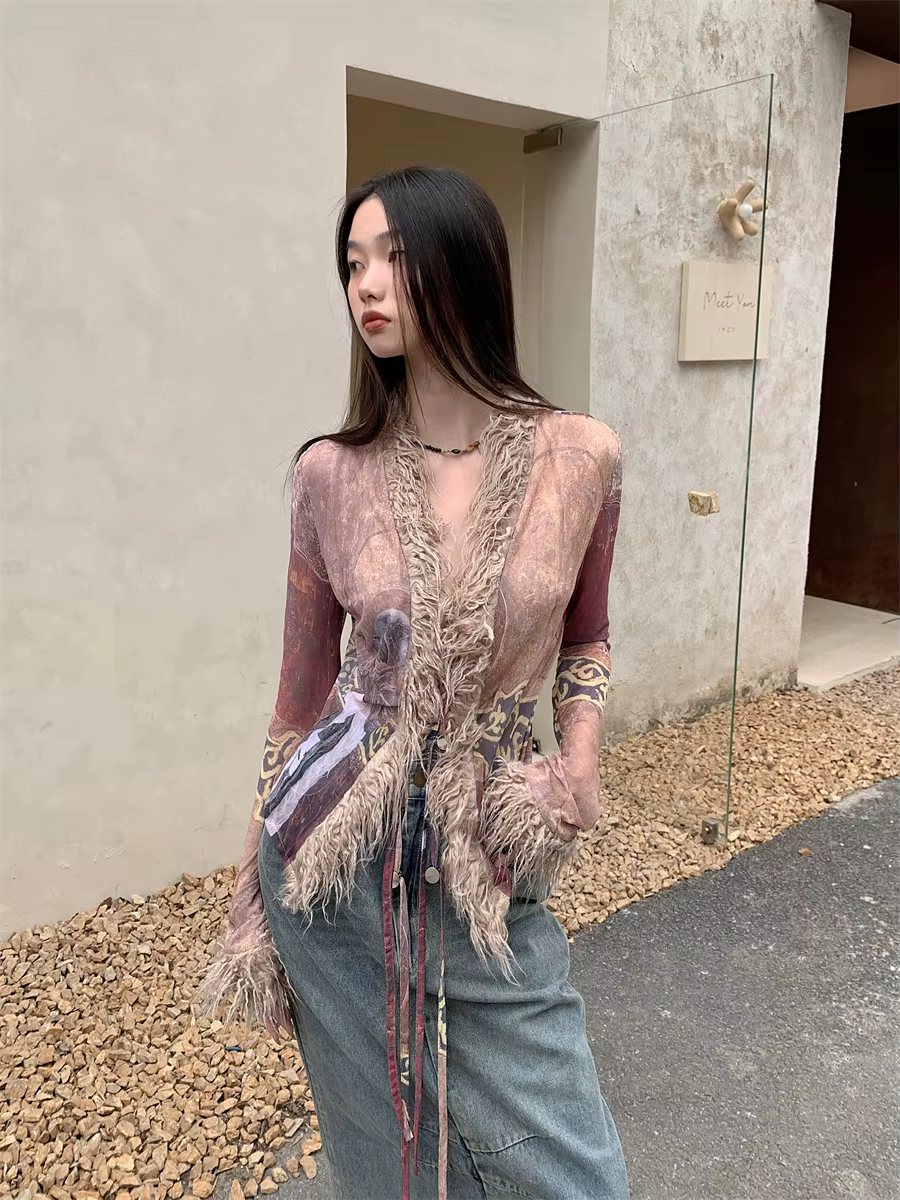 Fur Collar Mesh Ethnic V Neck High Street Cardigans Coats Jackets - Image 3