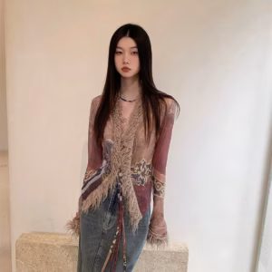 Fur Collar Mesh Ethnic V Neck High Street Cardigans Coats Jackets