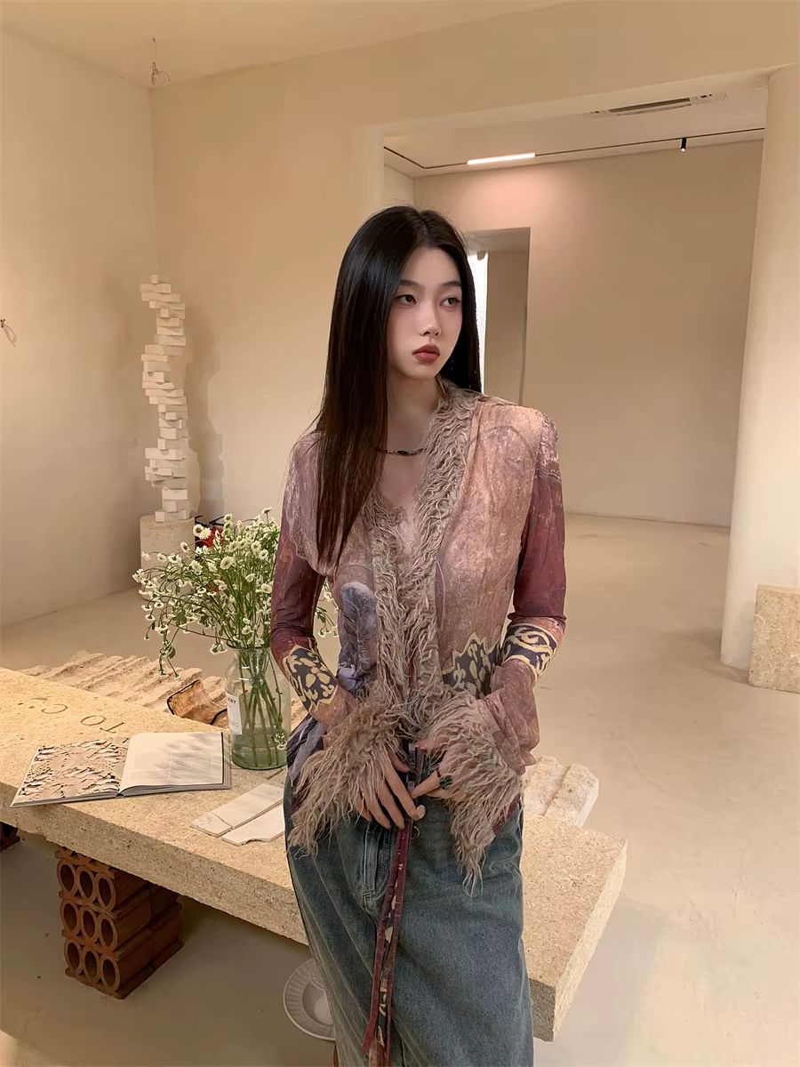 Fur Collar Mesh Ethnic V Neck High Street Cardigans Coats Jackets - Image 4