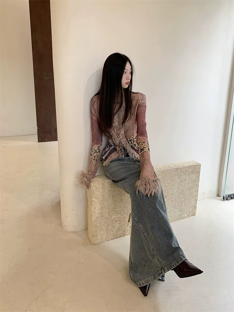 Fur Collar Mesh Ethnic V Neck High Street Cardigans Coats Jackets - Image 7