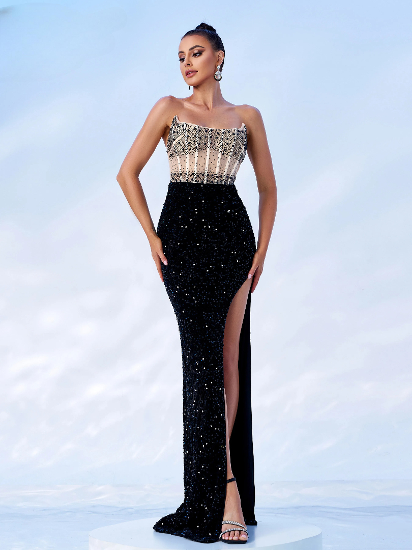 Gorgeous Backless Strapless Panel Sequin Split Gown Formal Occasion Maxi Dress - Image 6