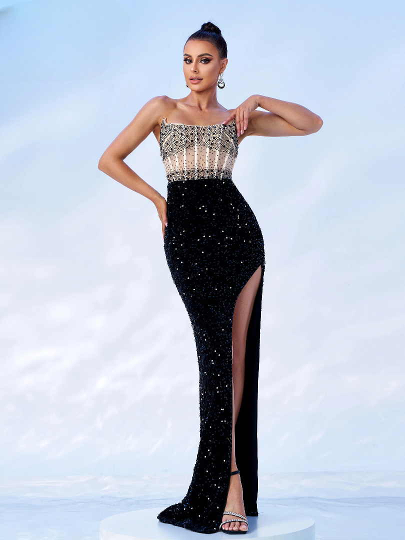 Gorgeous Backless Strapless Panel Sequin Split Gown Formal Occasion Maxi Dress - Image 2