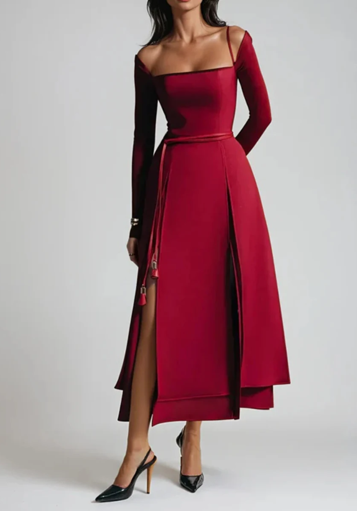 Gorgeous Square Neck Long Sleeve High Waist Temperament Solid Slimming Split Long Dress - Image 4