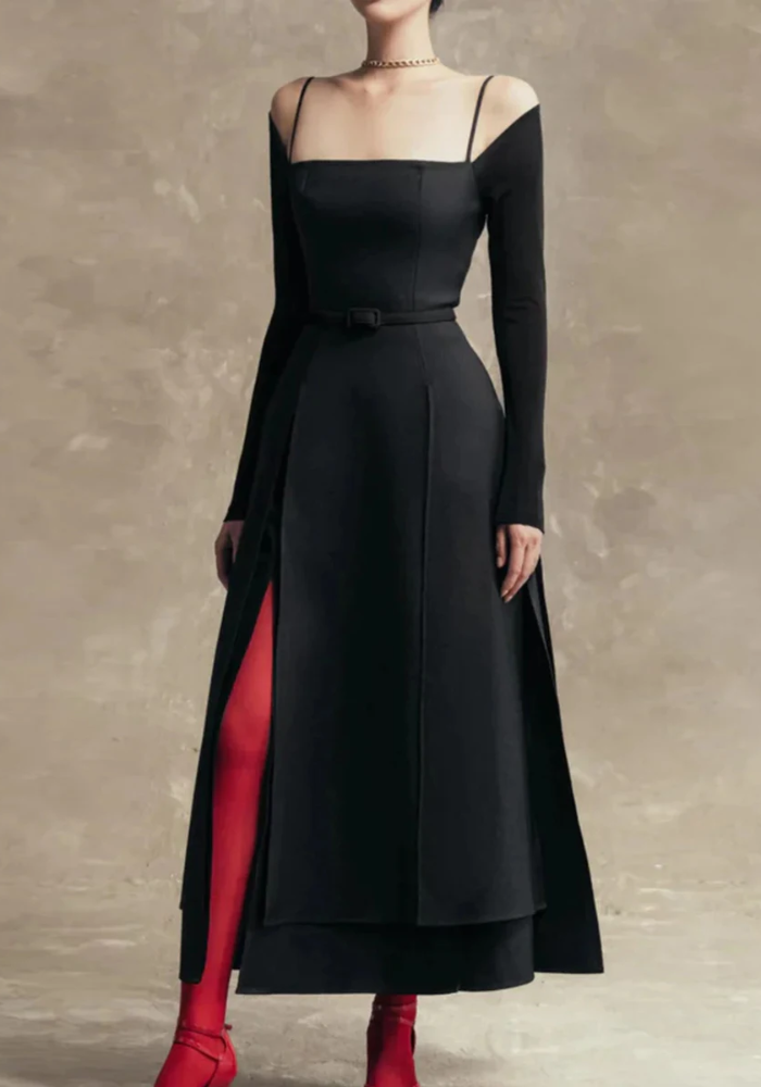 Gorgeous Square Neck Long Sleeve High Waist Temperament Solid Slimming Split Long Dress - Image 2
