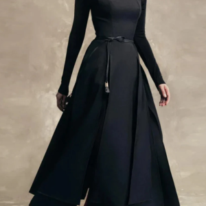 Gorgeous Square Neck Long Sleeve High Waist Temperament Solid Slimming Split Long Dress