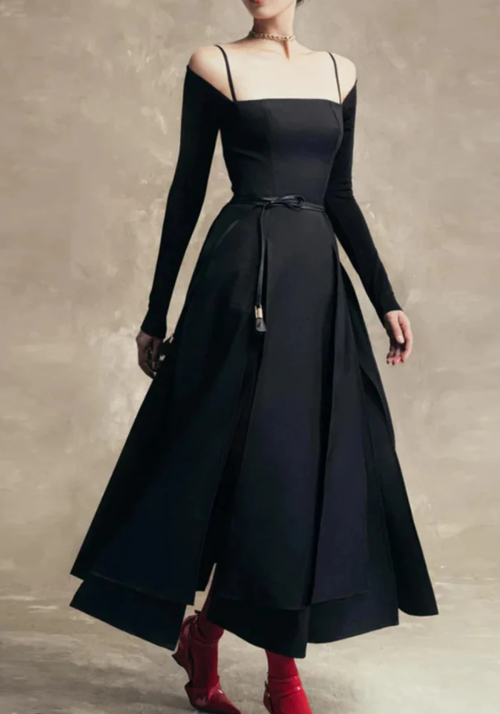 Gorgeous Square Neck Long Sleeve High Waist Temperament Solid Slimming Split Long Dress
