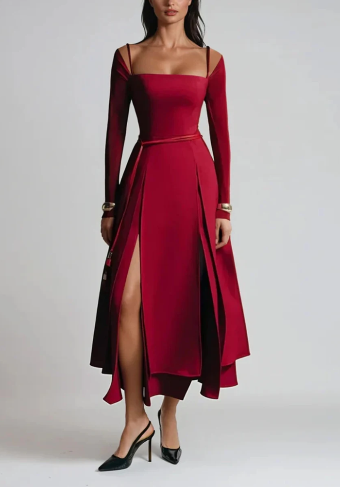 Gorgeous Square Neck Long Sleeve High Waist Temperament Solid Slimming Split Long Dress - Image 3