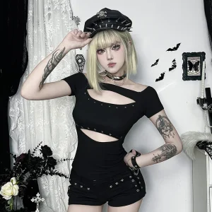 Gothic Hollow Out Rivets Short Sleeve Off-the-shoulder Crop Tee T-shirt
