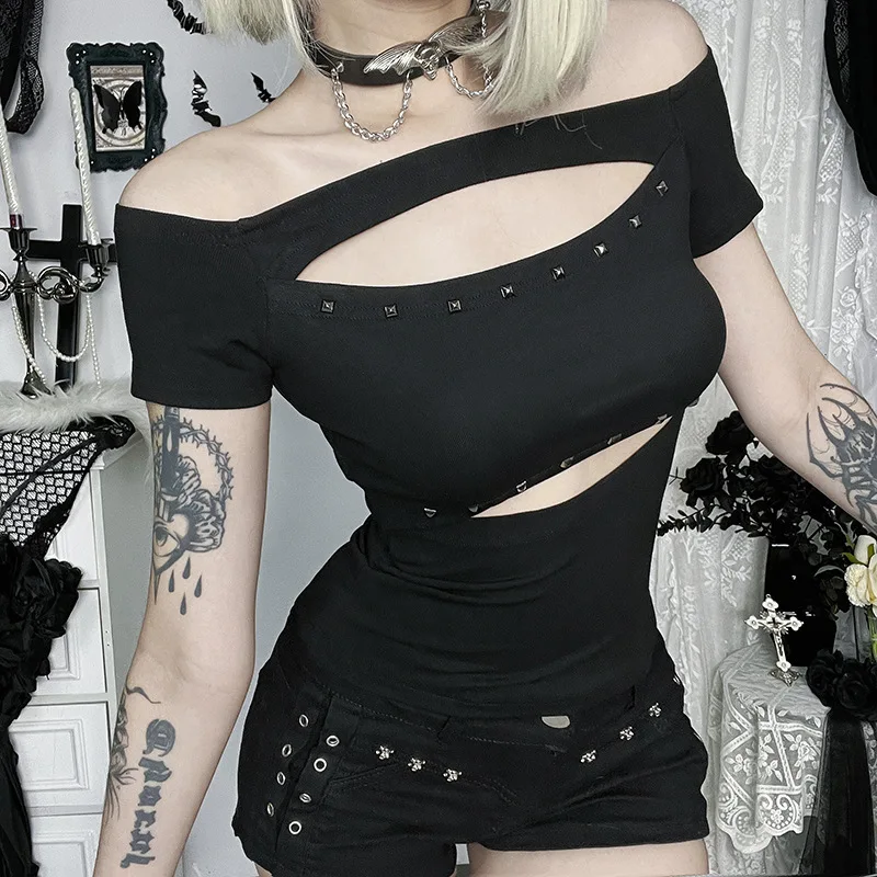 Gothic Hollow Out Rivets Short Sleeve Off-the-shoulder Crop Tee T-shirt - Image 3
