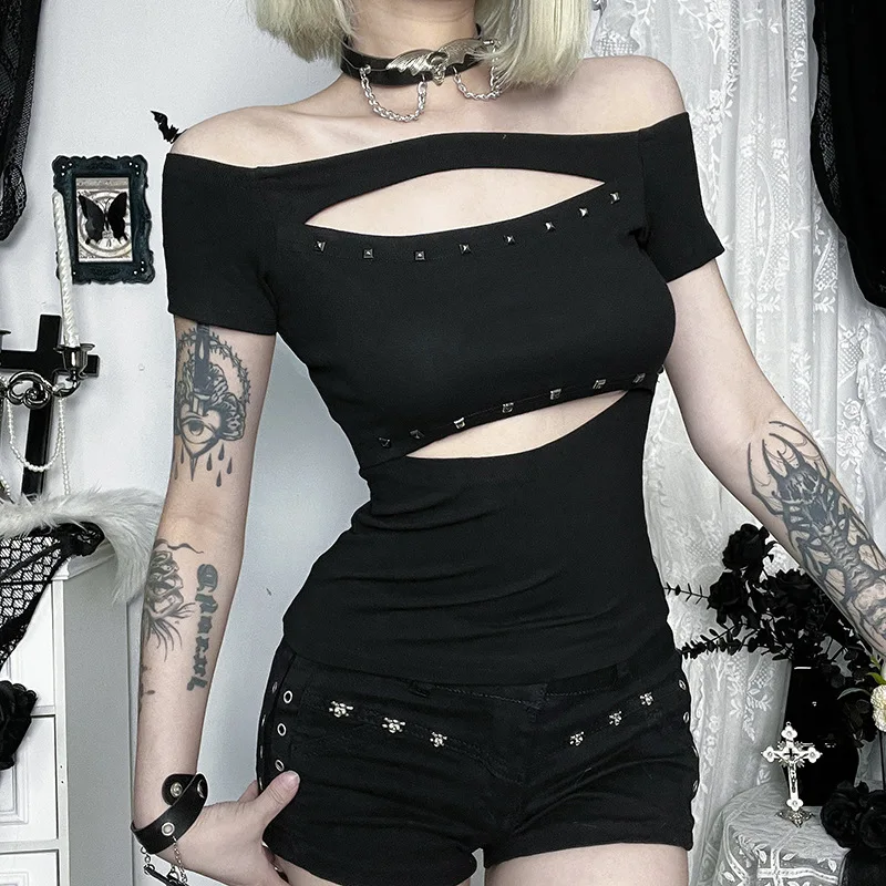 Gothic Hollow Out Rivets Short Sleeve Off-the-shoulder Crop Tee T-shirt - Image 5