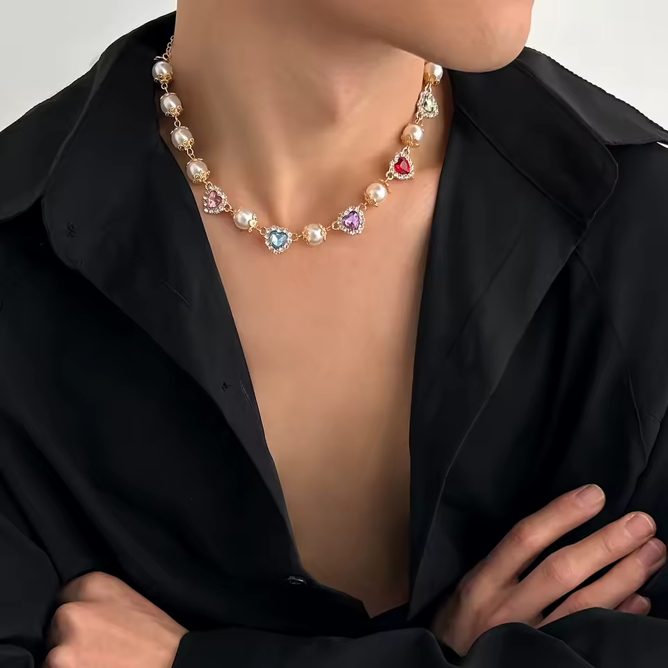 Gothic Rhinestone Multilayer Love Heart Imitation Pearl Chain Creative Jesus Cross Pendant Choker Necklace