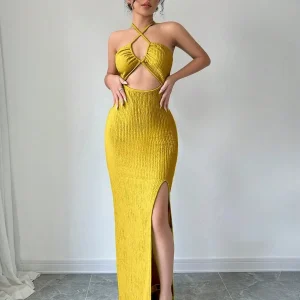 Halter Neck Lace-Up Hollow Out High Slit Maxi Sheath Dress