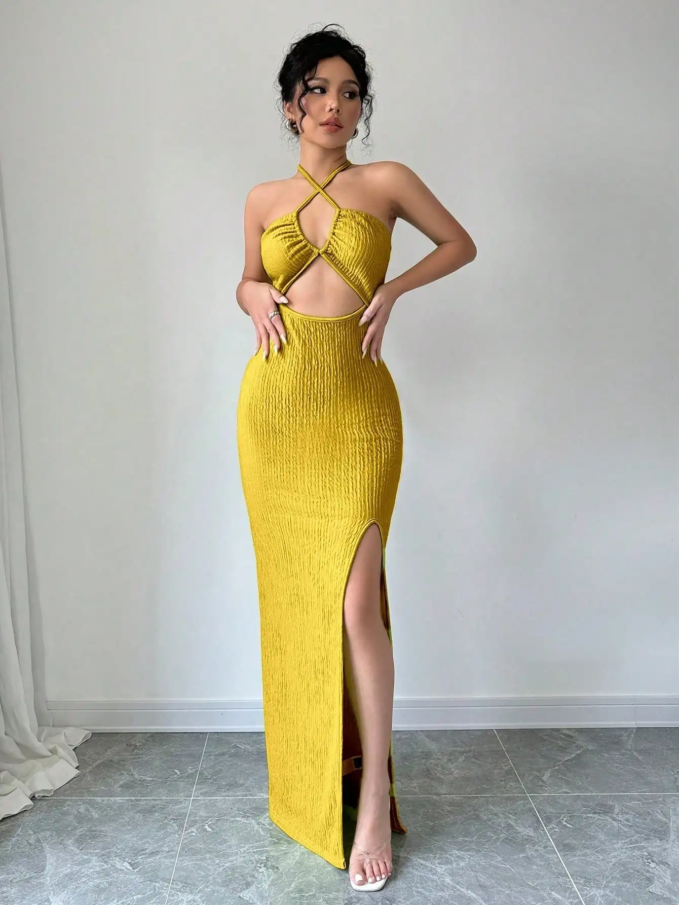 Halter Neck Lace-Up Hollow Out High Slit Maxi Sheath Dress