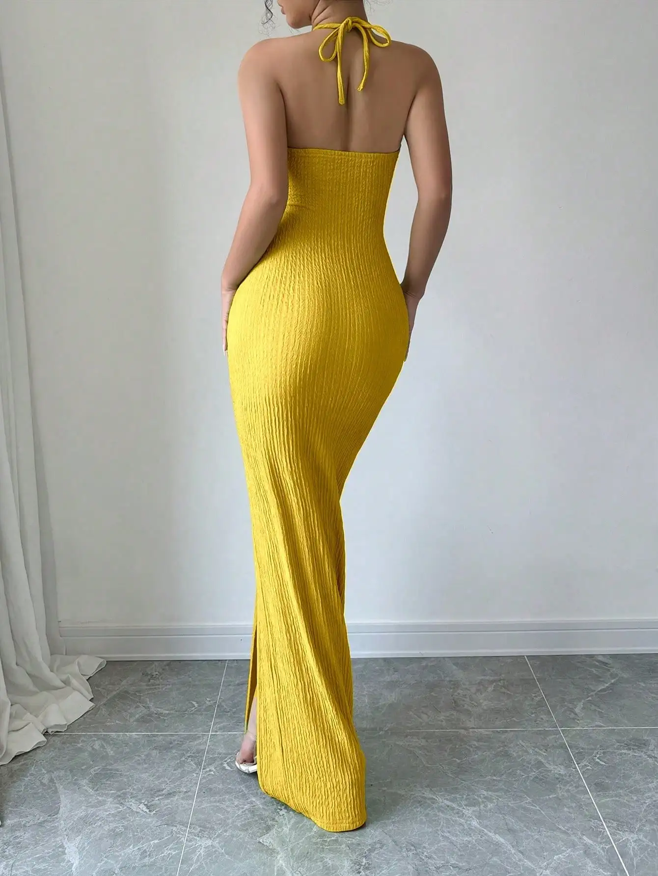 Halter Neck Lace-Up Hollow Out High Slit Maxi Sheath Dress - Image 6