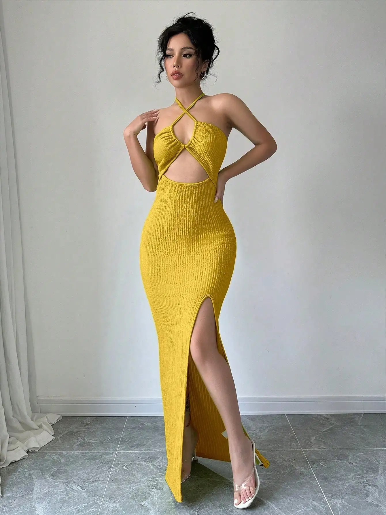 Halter Neck Lace-Up Hollow Out High Slit Maxi Sheath Dress - Image 2