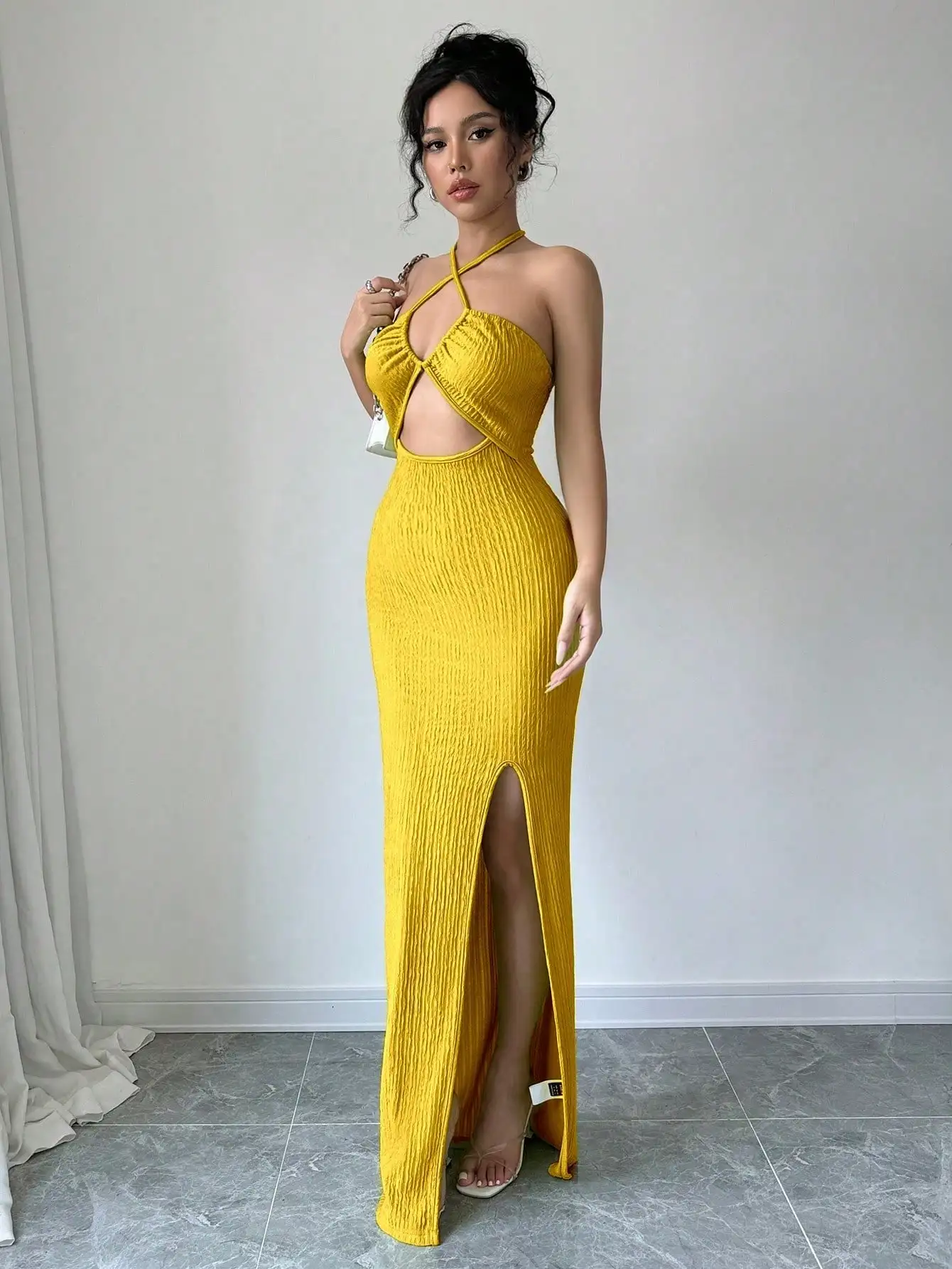 Halter Neck Lace-Up Hollow Out High Slit Maxi Sheath Dress - Image 3