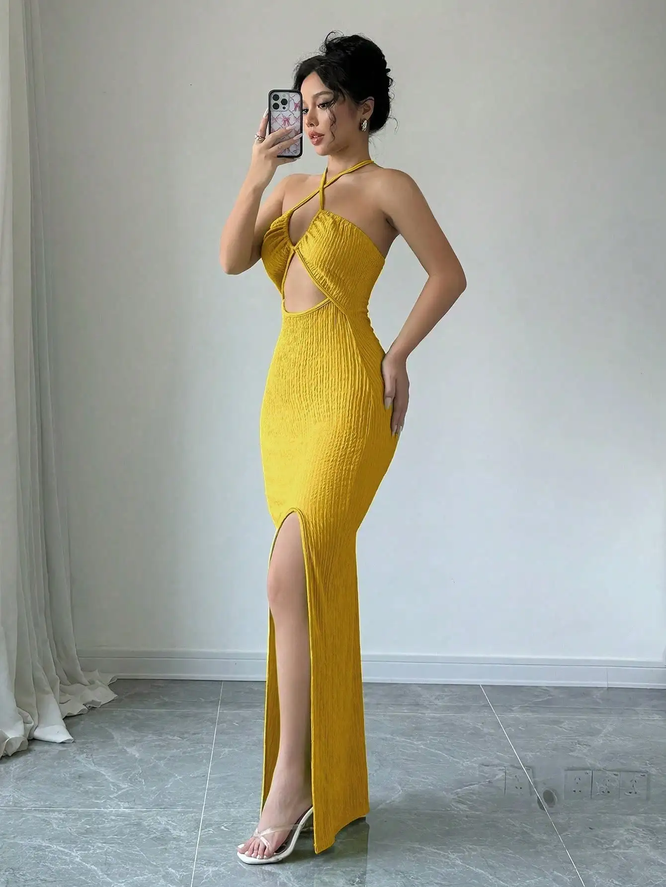 Halter Neck Lace-Up Hollow Out High Slit Maxi Sheath Dress - Image 4