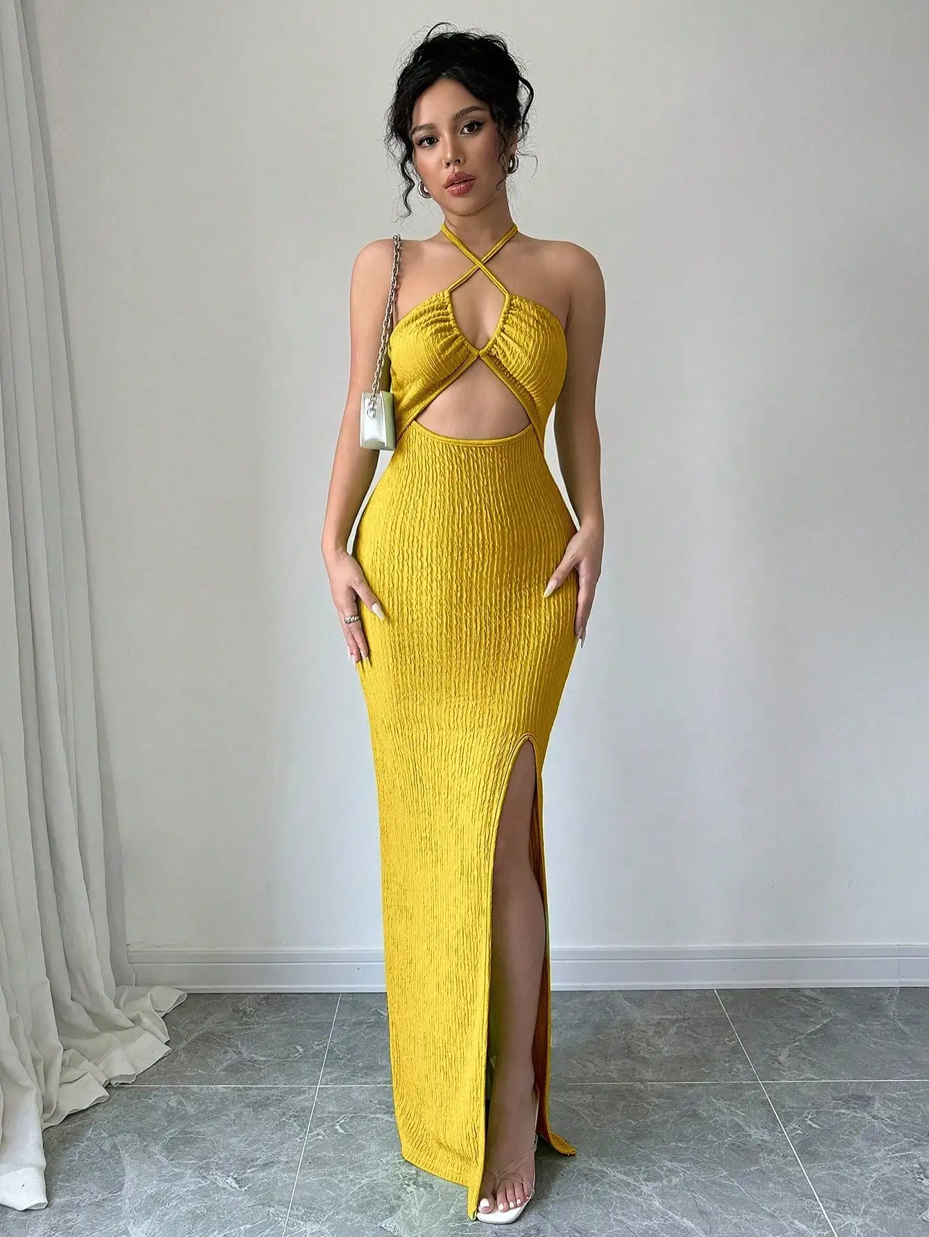 Halter Neck Lace-Up Hollow Out High Slit Maxi Sheath Dress - Image 5