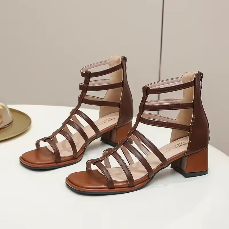 Elegant Sewing Square Toe Hollowed Out Platform High-heeled Sandals - Image 2