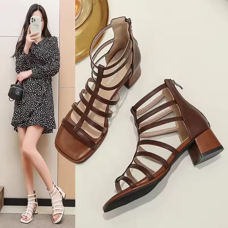 Elegant Sewing Square Toe Hollowed Out Platform High-heeled Sandals - Image 7