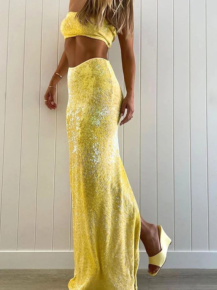 Hipster Festival Style Wrapped Chest Mini Tops Matching Straight Maxi Skirts Vacation Suits - Image 7