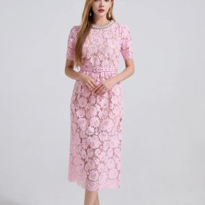 Hollow High Quality Diamonds Floral Short Sleeve Party Midi Dresses