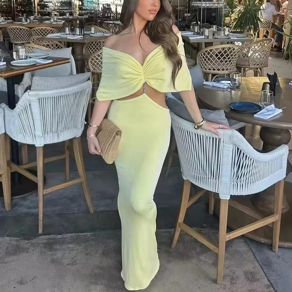 Hollow Out Butter V-neck Backless Beaded Decoration Vestidos Long Dress