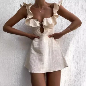 Hollow Out Button Ruffles V Neck Sleeveless Solid Color Short Dress