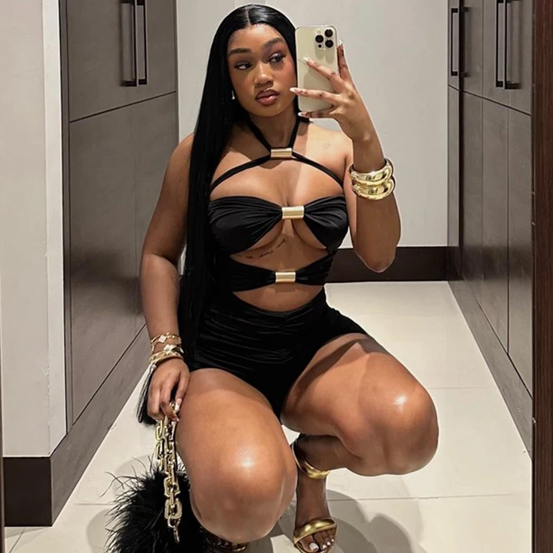 Hollow Out Metal Rings Backless Skinny Vacation Midnight Party Rompers - Image 4