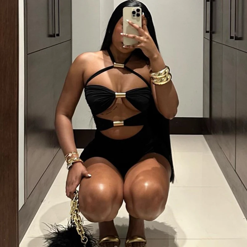 Hollow Out Metal Rings Backless Skinny Vacation Midnight Party Rompers - Image 5