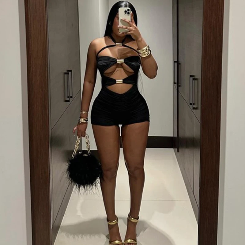 Hollow Out Metal Rings Backless Skinny Vacation Midnight Party Rompers - Image 6