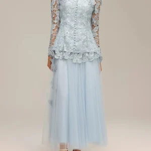 Hollow Out Spliced Lace Round Neck Long Sleeves Top High Waist Skirt Sets