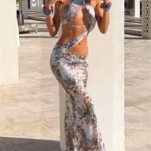 Irregular Ruched Gradient Print Halter Backless Sleeveless Slim Vacation Clubwear Vestidos Dress