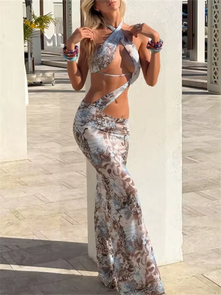 Irregular Ruched Gradient Print Halter Backless Sleeveless Slim Vacation Clubwear Vestidos Dress