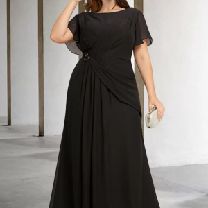 Jewel Neck Short Sleeves A-Line Applique Floor-Length Wedding Guest Dresses