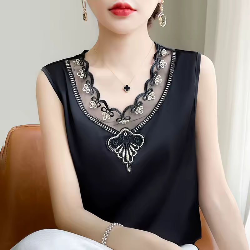 Lace Camisole Wear Loose Sleeveless Satin Office Lady Tops