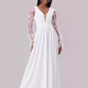 Lace Detail With Deep V-Neck And Sheer Long Sleeves Maxi Party Dress