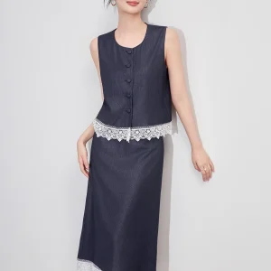 Lace Patchwork Sleeveless Denim Top and Skirt Suit Two Pieces Suit