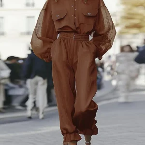 Lapel Long Sleeves Sheer Spliced Button High Waist Pant Set